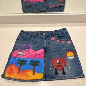Hand Painted Bad Bunny Denim Skirt